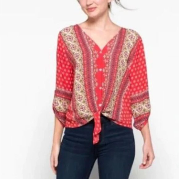 West Kei Tops - *NWT West Kei Talina V-Neck Tie Front 3/4 Sleeve Bohemian Blouse Size M*
